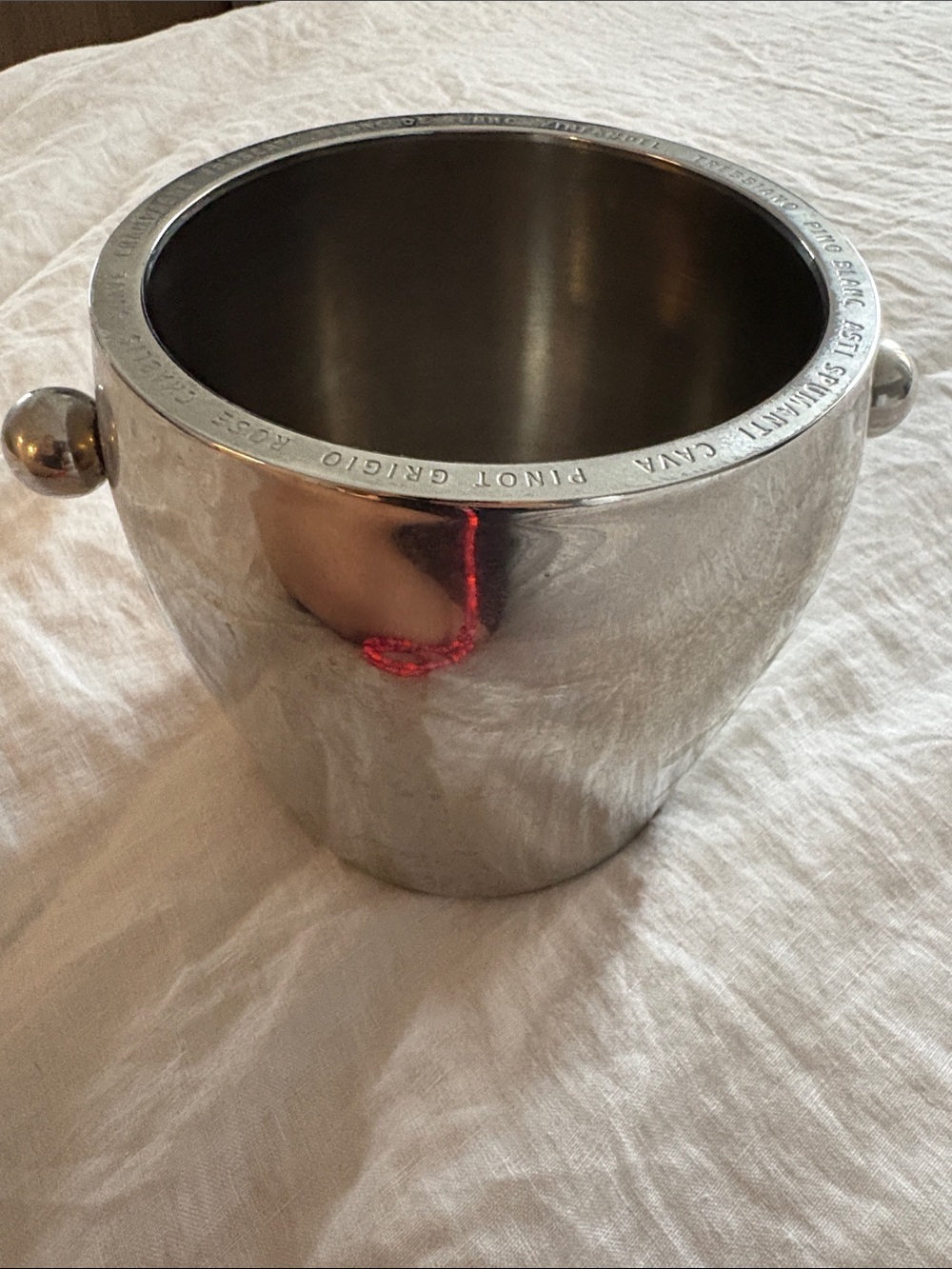 Williams Sonoma must stainless steel ice bucket. Names of wines around Rim.